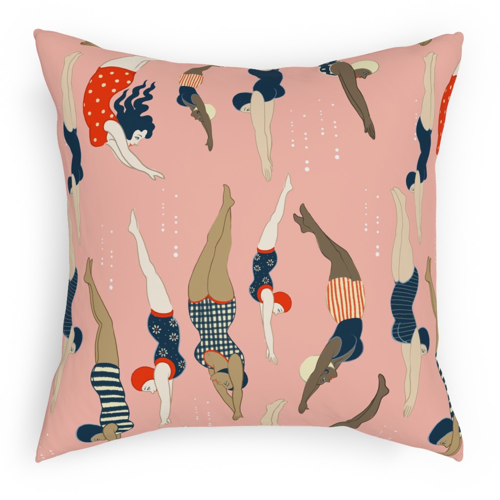 Lady Divers - Pink Pillow, Woven, Beige, 18x18, Single Sided, Pink