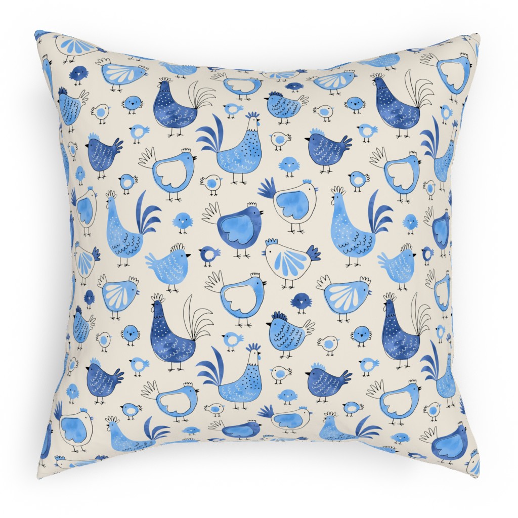Chicken and Rooster - Watercolor - Blue on Creme Pillow, Woven, Beige, 18x18, Single Sided, Blue, True Blue
