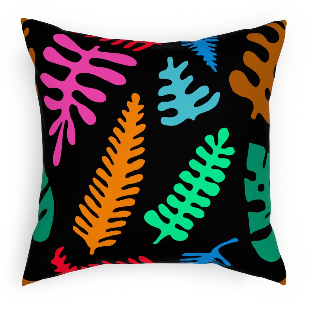 Mod Minimalist Leaves - Multi on Black Pillow, Woven, Beige, 18x18, Single Sided, Multicolor