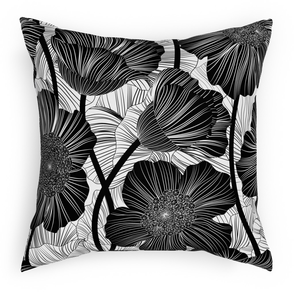 Mid Century Modern Floral - Black and White Pillow, Woven, Beige, 18x18, Single Sided, Black, Black