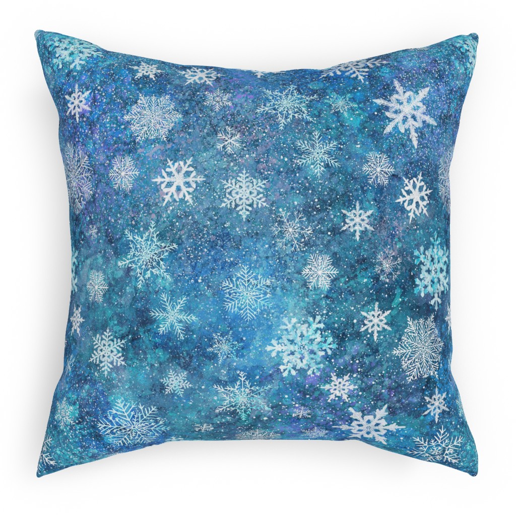 Whinsical Snowflakes Handpainted With Watercolors - Blue Pillow, Woven, Beige, 18x18, Single Sided, Blue