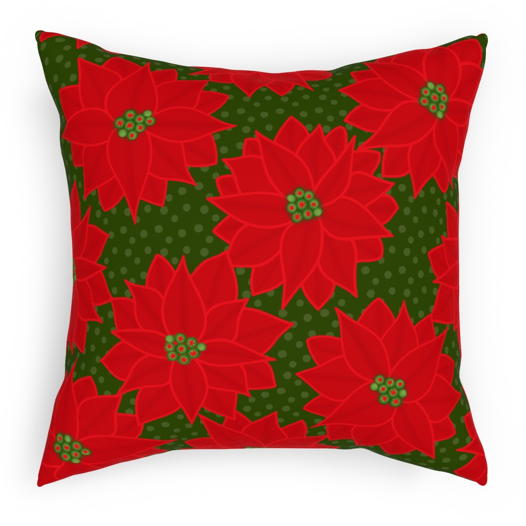 Christmas Poinsettia on Green Pillow, Woven, Beige, 18x18, Single Sided, Red