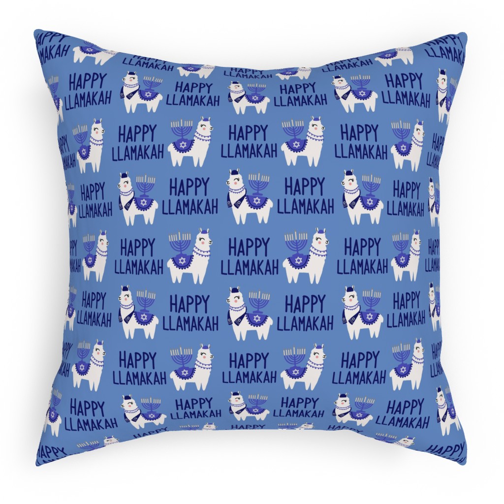 Happy Llamakah on Blue Pillow, Woven, Beige, 18x18, Single Sided, Blue