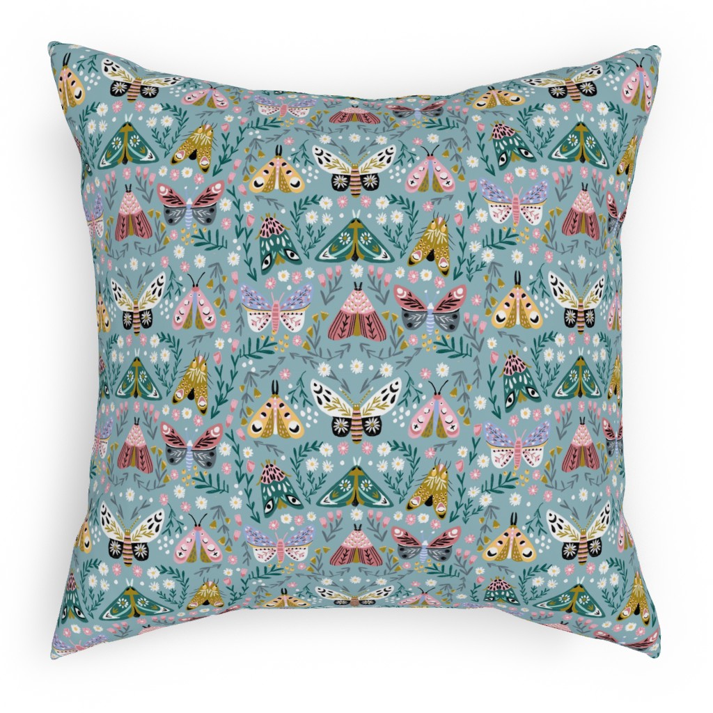 Spring Floral and Butterflies - Blue Pillow, Woven, Beige, 18x18, Single Sided, Multicolor