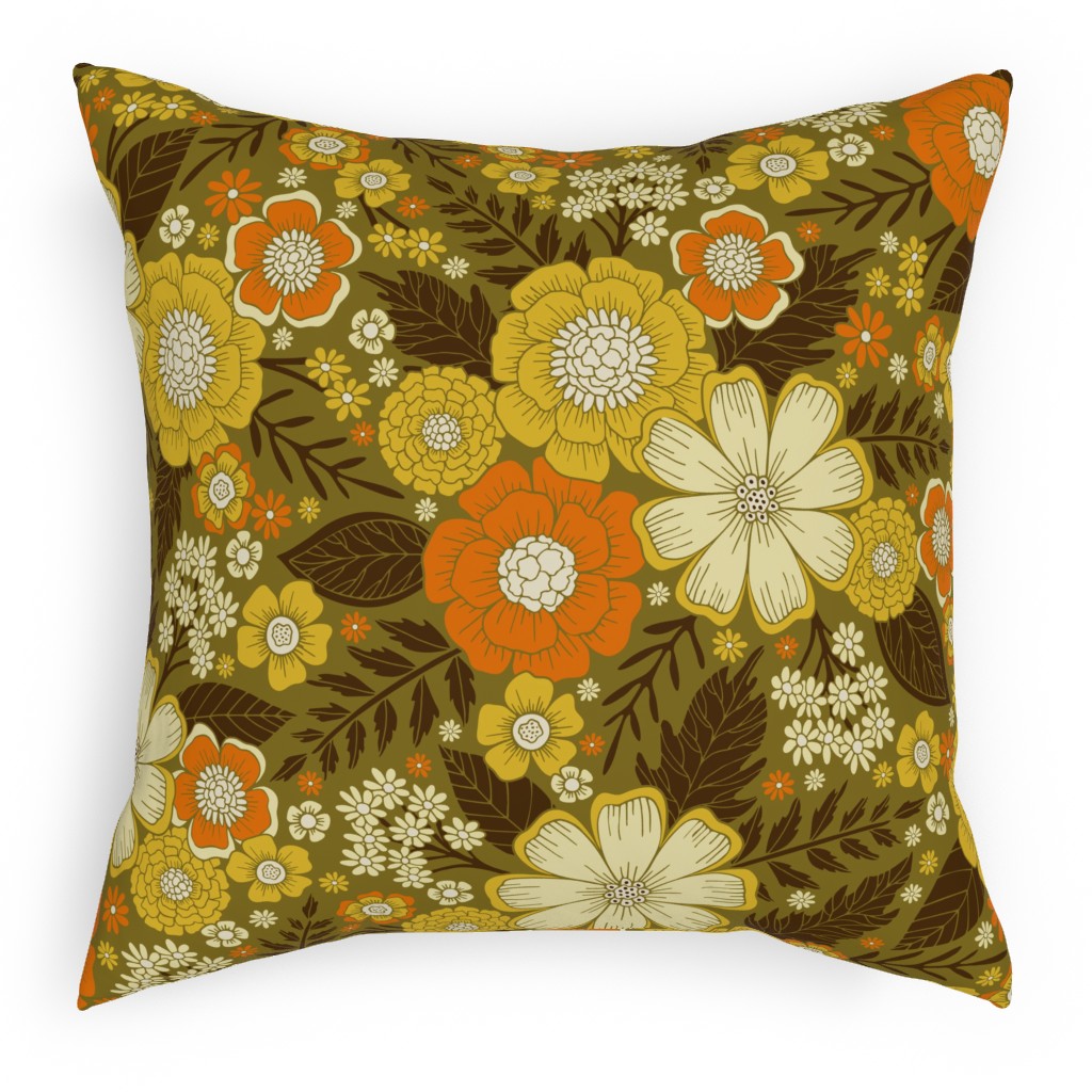 1970s Retro/Vintage Floral - Yellow and Brown Pillow, Woven, Beige, 18x18, Single Sided, Yellow