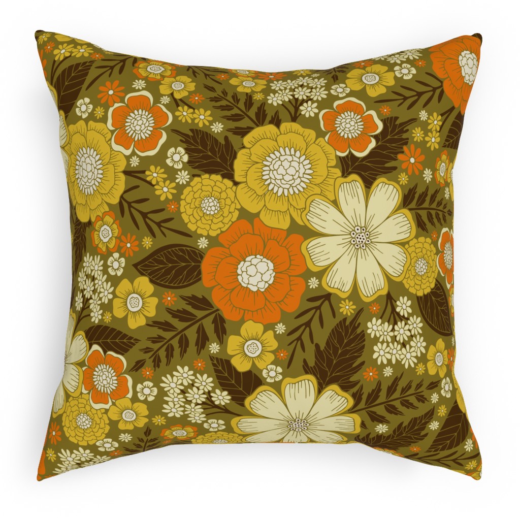1970s Retro/Vintage Floral - Yellow and Brown Pillow, Woven, Beige, 18x18, Single Sided, Yellow, Classic Yellow