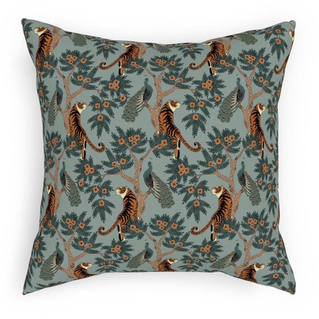 Tiger and Peacock - Blue Pillow, Woven, Beige, 18x18, Single Sided, Blue, True Blue