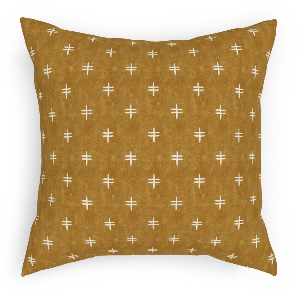 Double Cross Mudcloth Tribal - Mustard Yellow Pillow, Woven, Black, 18x18, Single Sided, Brown