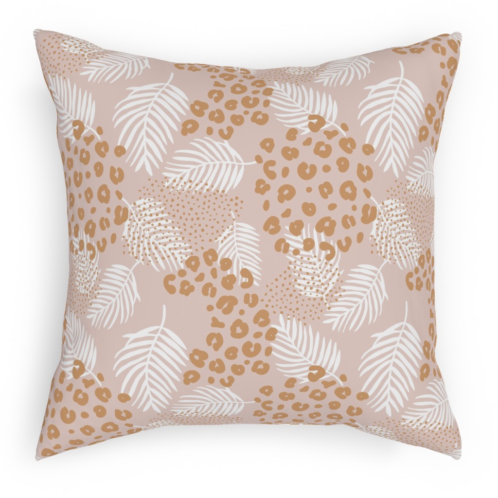 Palm Leaves and Animal Panther Spots - Beige Pillow, Woven, Black, 18x18, Single Sided, Pink