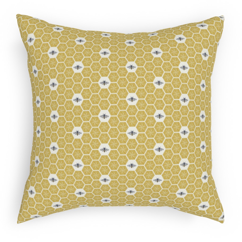 Bees Stitched Honeycomb - Gold Pillow, Woven, Black, 18x18, Single Sided, Yellow, Classic Yellow