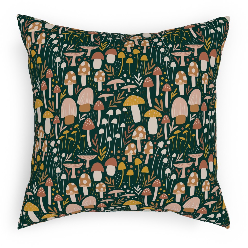 Woodland Mushroom Meadow - Green Pillow, Woven, Black, 18x18, Single Sided, Green