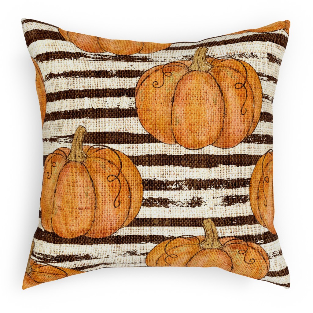Painted Pumpkins on Distressed Stripes - Orange and Black Pillow, Woven, Black, 18x18, Single Sided, Orange
