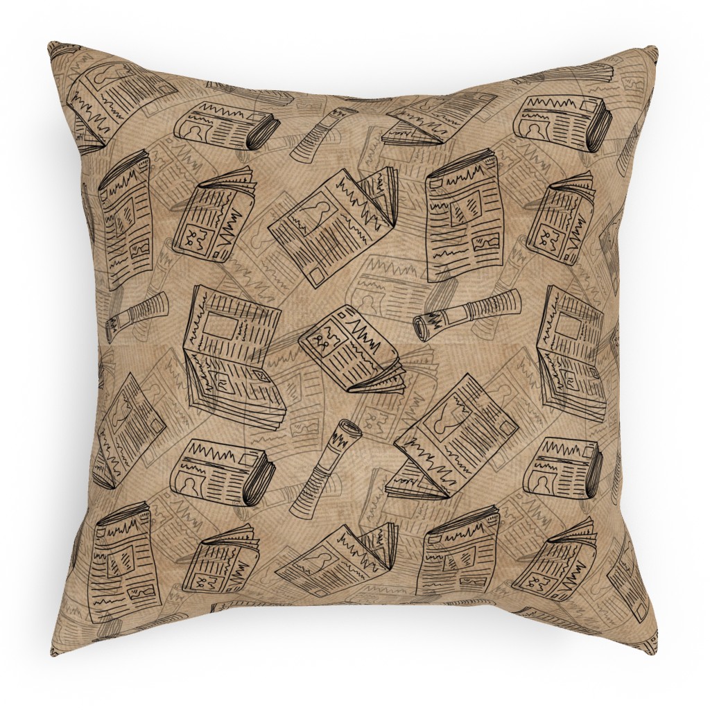 Newsprint Pillow, Woven, Black, 18x18, Single Sided, Brown, Morning Latte