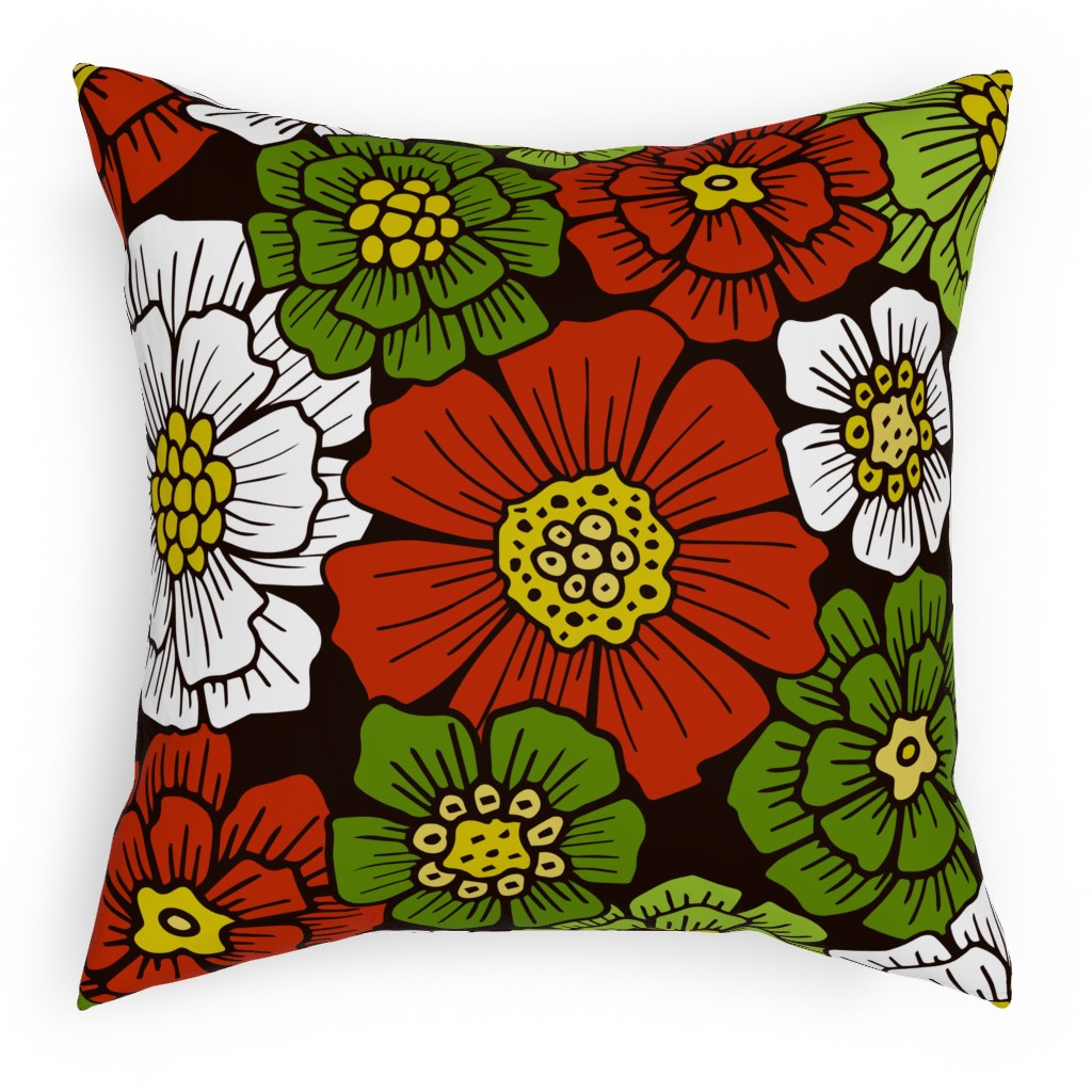 Christmas Floral - Red and Green Pillow, Woven, Black, 18x18, Single Sided, Multicolor