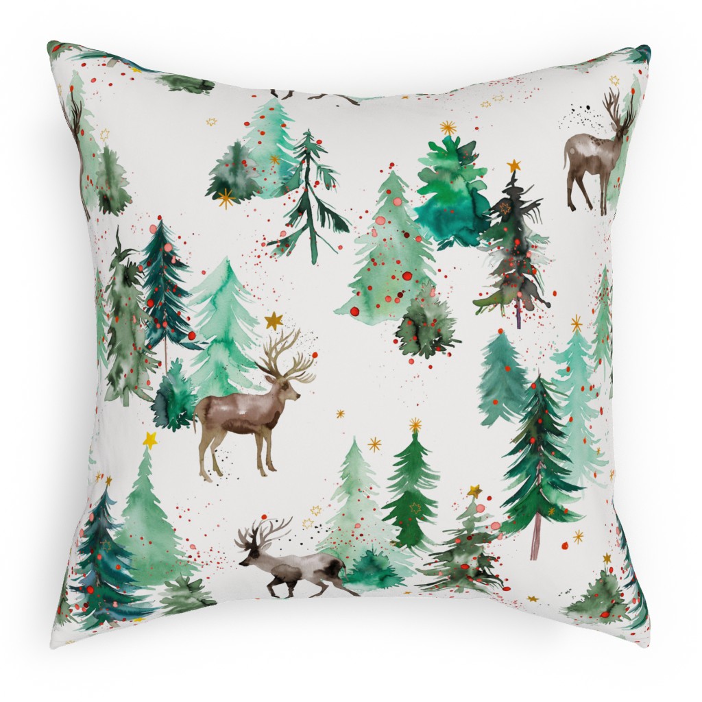 Rudolph Deer & Christmas Trees Pillow, Woven, Black, 18x18, Single Sided, Green, Classic Green