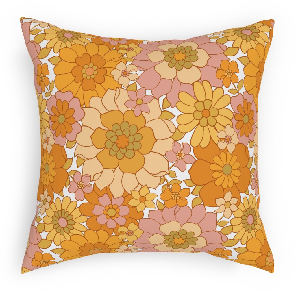 Avery Retro Floral Pillow, Woven, Black, 18x18, Single Sided, Orange, Marigold