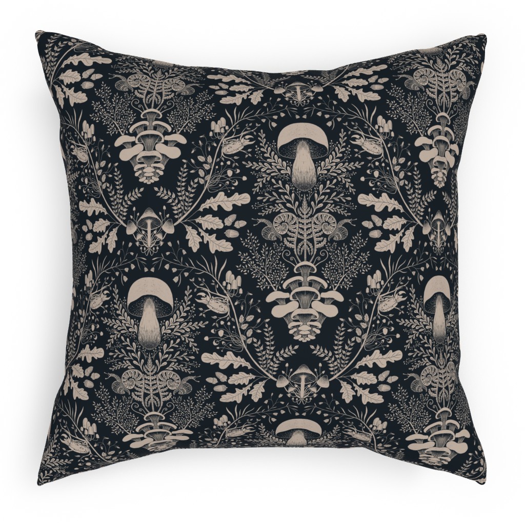 Mushroom Forest Damask - Dark Pillow, Woven, Black, 18x18, Single Sided, Black