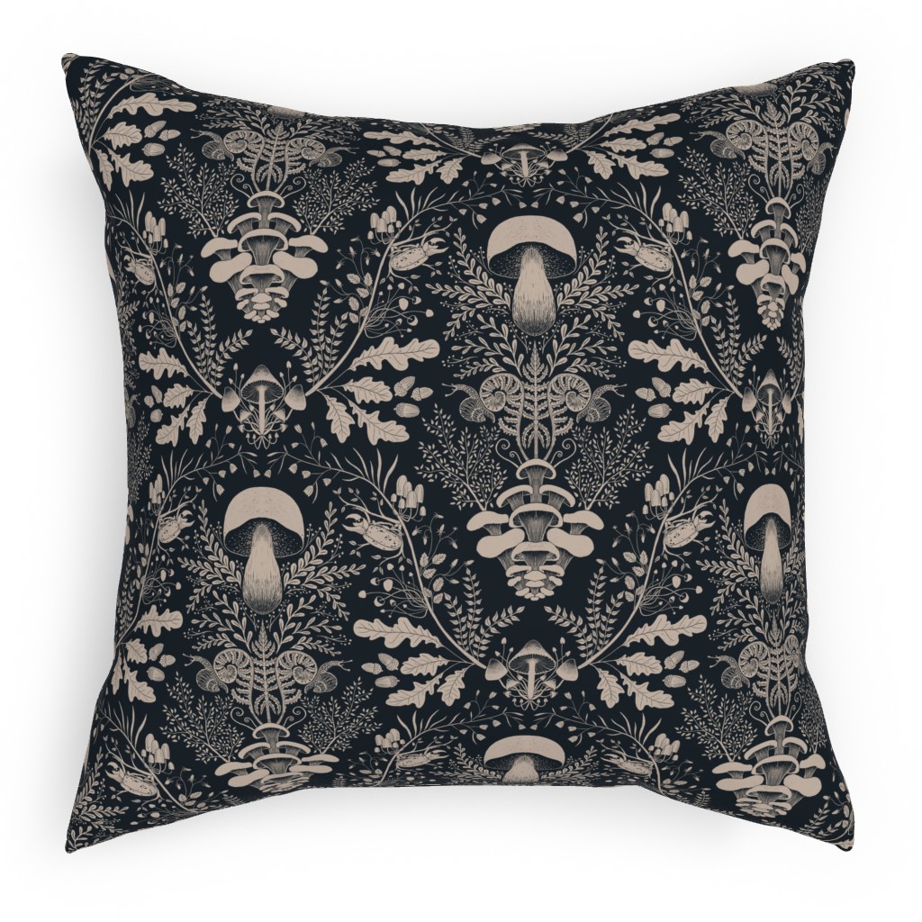 Mushroom Forest Damask - Dark Pillow, Woven, Black, 18x18, Single Sided, Black, Black