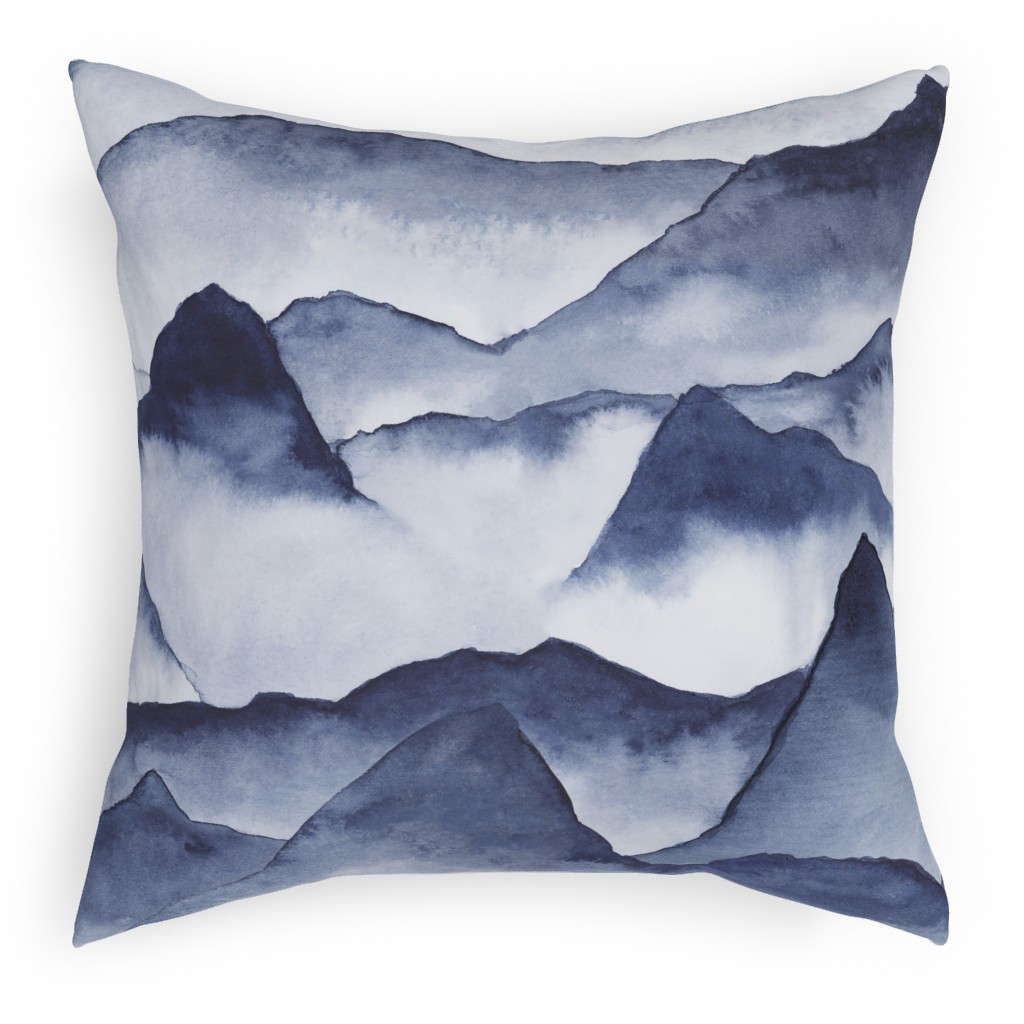 Watercolor Mountains - Blue Pillow, Woven, Black, 18x18, Single Sided, Blue