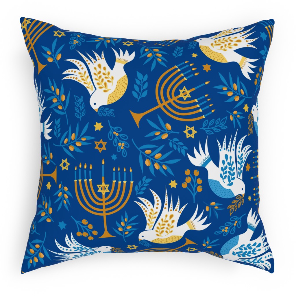 Hanukkah Birds Menorahs Pillow, Woven, Black, 18x18, Single Sided, Blue, True Blue