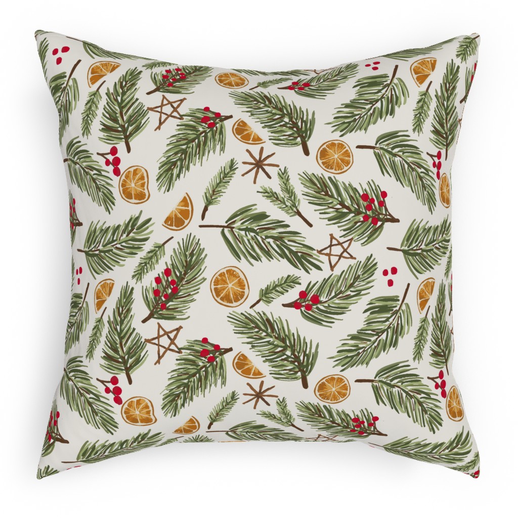 Festive Christmas Pine Sprigs Pillow, Woven, Black, 18x18, Single Sided, Multicolor