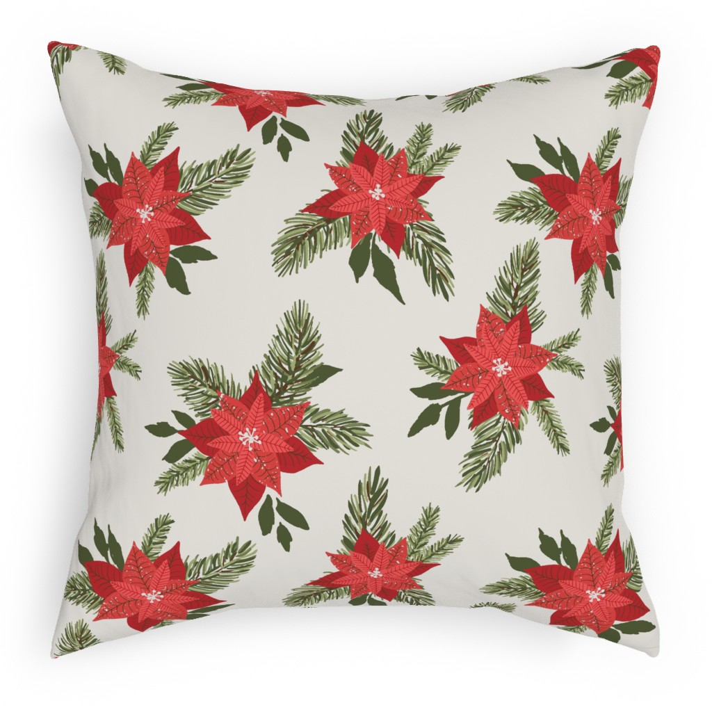 Red Poinsettia Christmas Flowers Pillow, Woven, Black, 18x18, Single Sided, Red