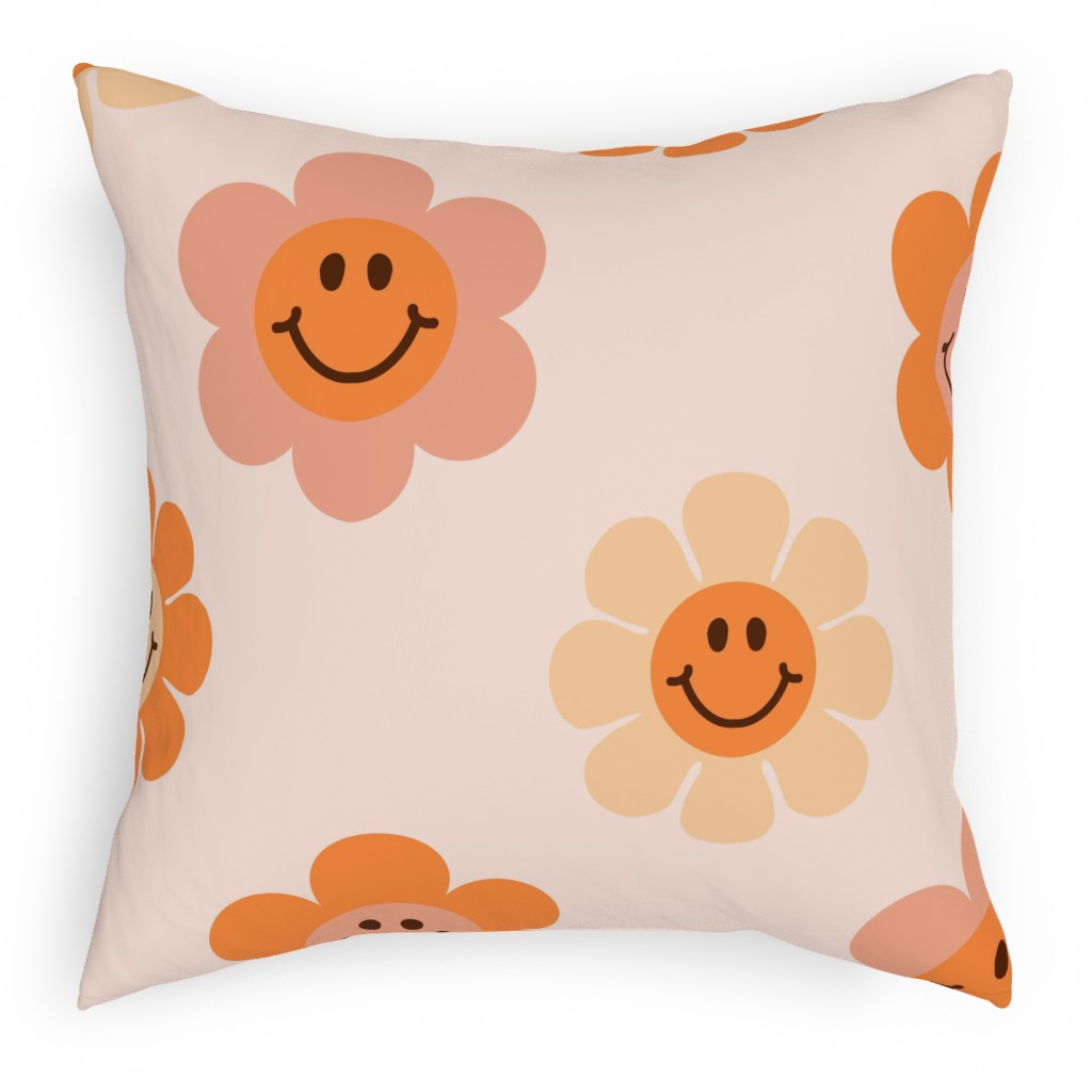 Smiley Floral - Orange Pillow, Woven, Black, 18x18, Single Sided, Orange
