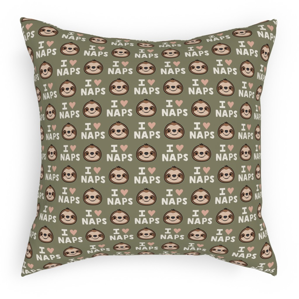 I Heart Naps - Cute Sloths - Olive Green Pillow, Woven, Black, 18x18, Single Sided, Green