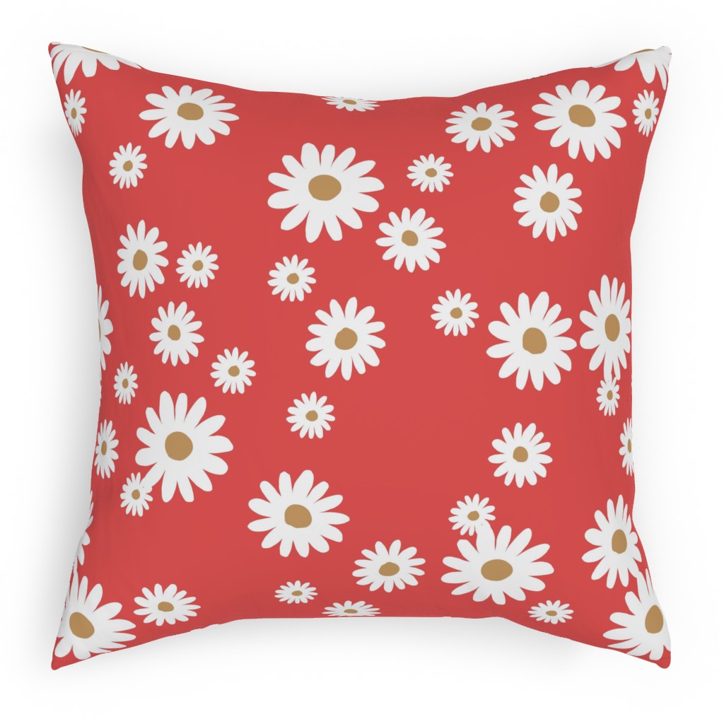 Vintage Daisies - White on Red Pillow, Woven, Black, 18x18, Single Sided, Red
