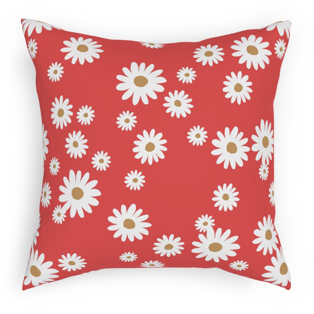 Vintage Daisies - White on Red Pillow, Woven, Black, 18x18, Single Sided, Red, Red