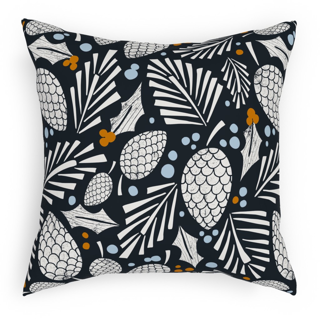 Winter Woodlands Christmas Pinecones - Midnight Blue Pillow, Woven, Black, 18x18, Single Sided, Blue