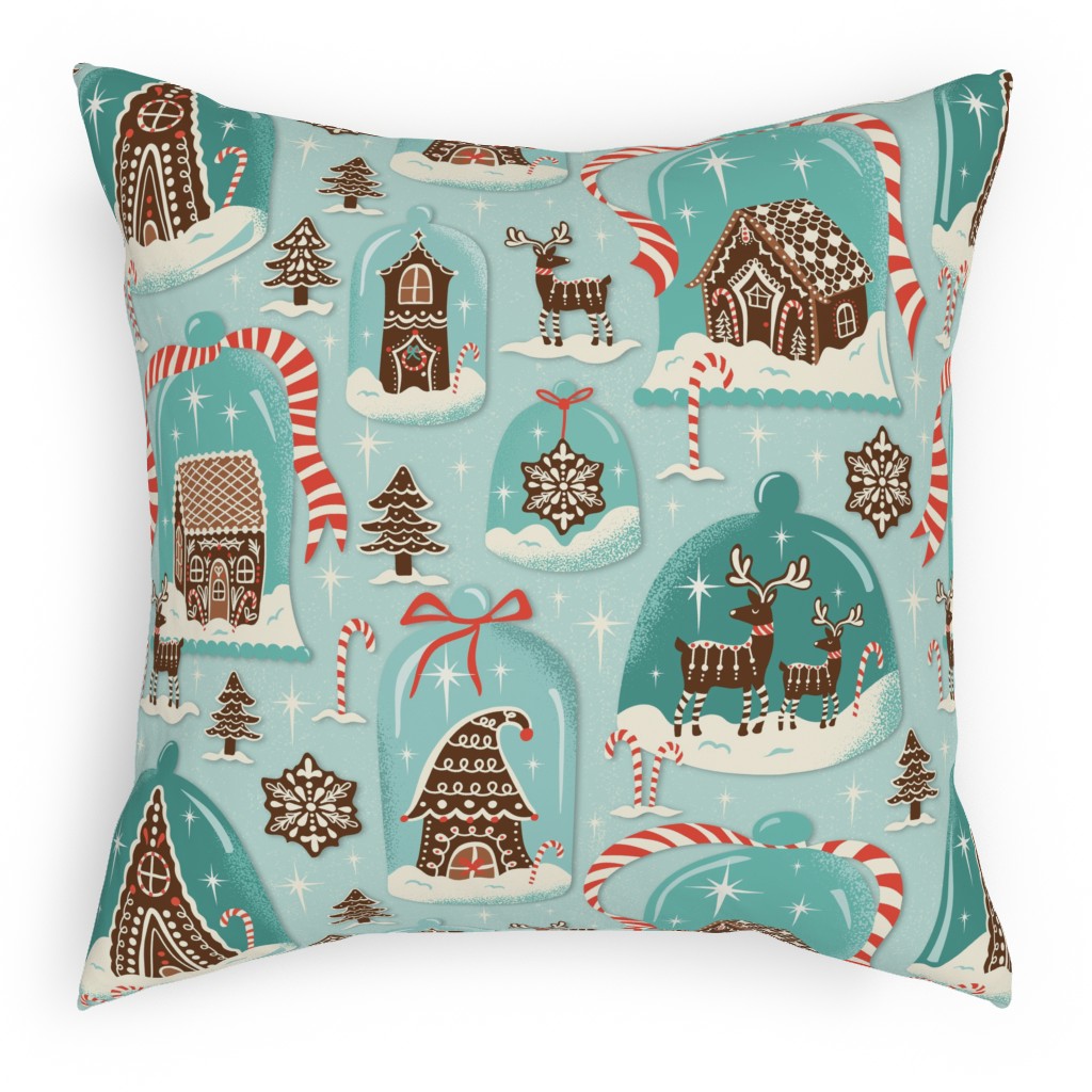 Christmas Gingerbread Village - Aqua Pillow, Woven, Black, 18x18, Single Sided, Blue