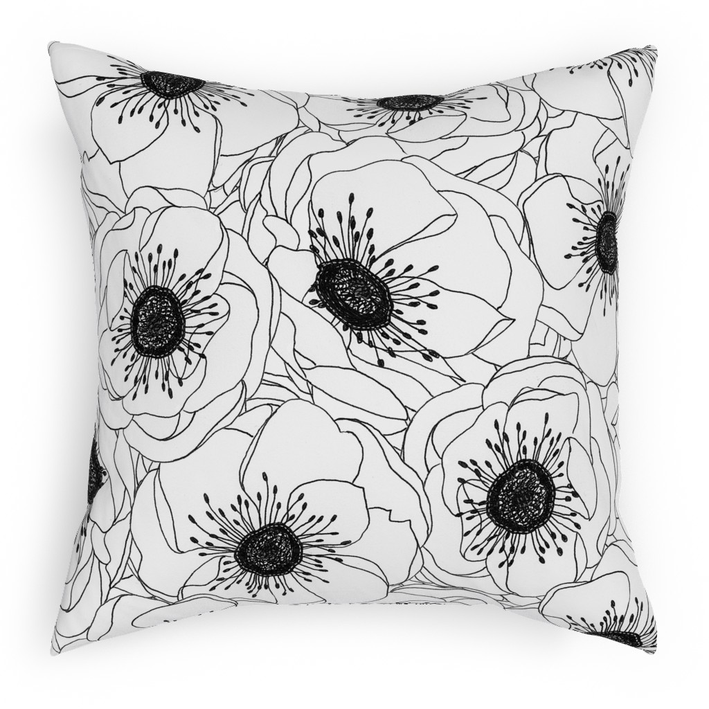 White Anemones - Neutral Pillow, Woven, Black, 18x18, Single Sided, White, White