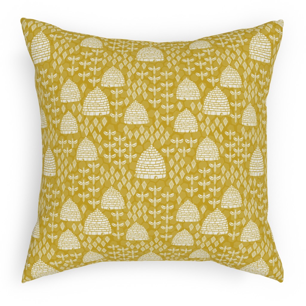 Bee Hives, Spring Florals Linocut Block Printed - Golden Yellow Pillow, Woven, Black, 18x18, Single Sided, Yellow, Classic Yellow