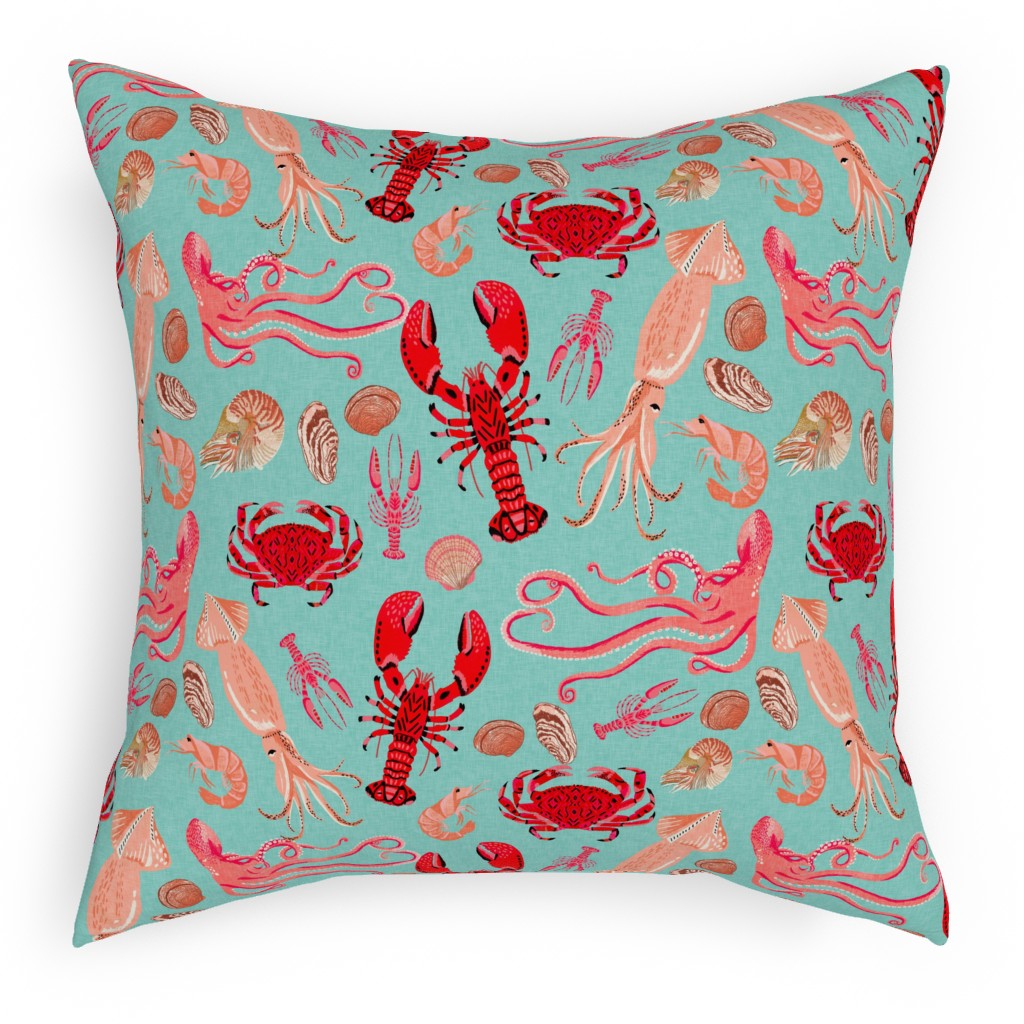 Ocean Creatures - Red on Green Pillow, Woven, Black, 18x18, Single Sided, Red