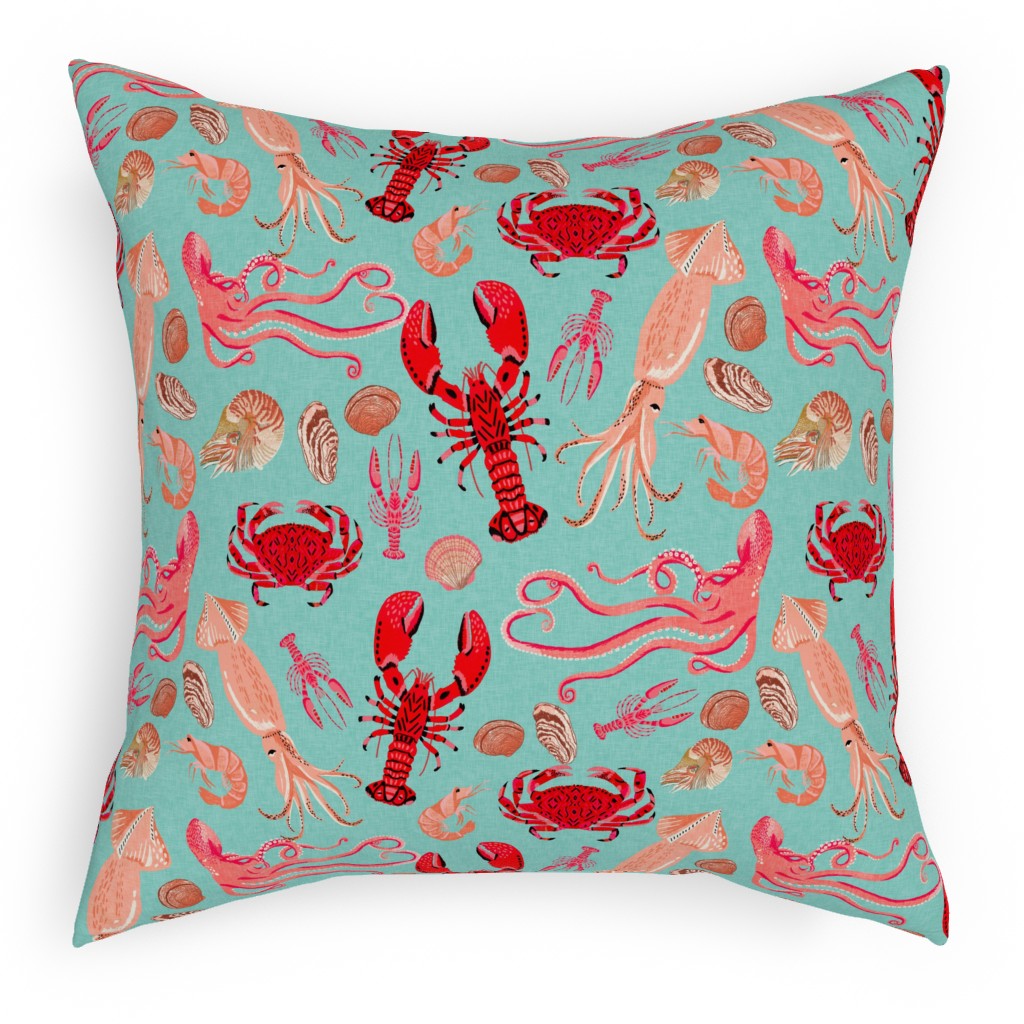Ocean Creatures - Red on Green Pillow, Woven, Black, 18x18, Single Sided, Red, Red
