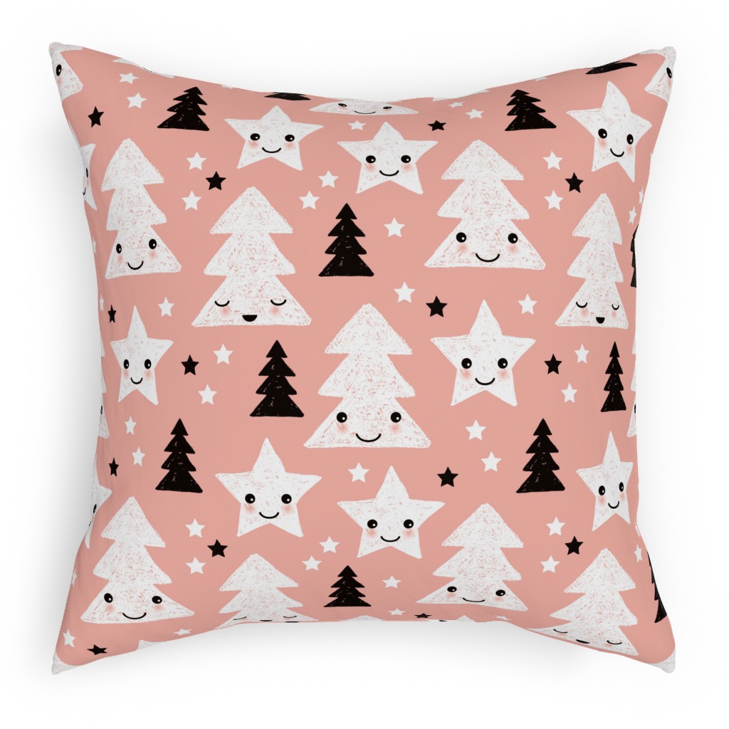 Merry Christmas Kawaii - Pink Pillow, Woven, Black, 18x18, Single Sided, Pink