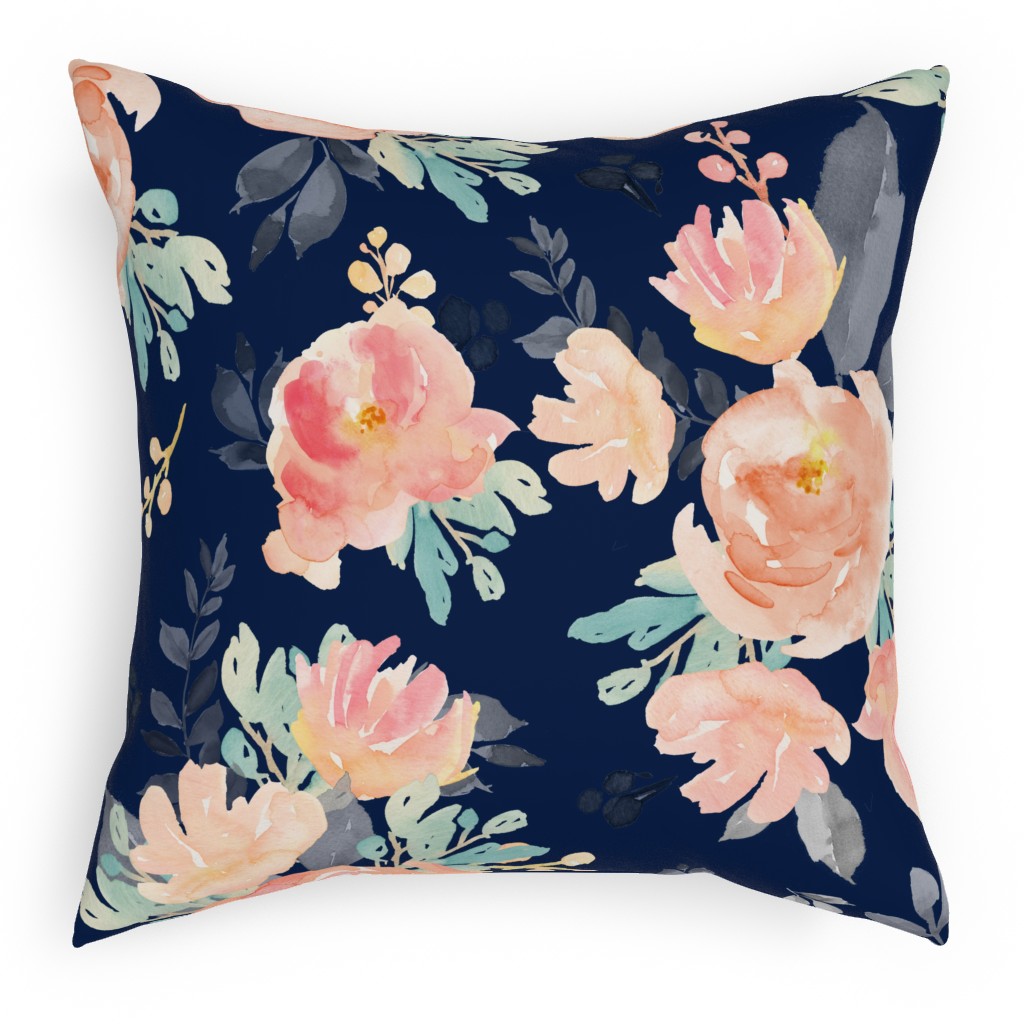 Watercolor Florals Pillow, Woven, Black, 18x18, Single Sided, Multicolor