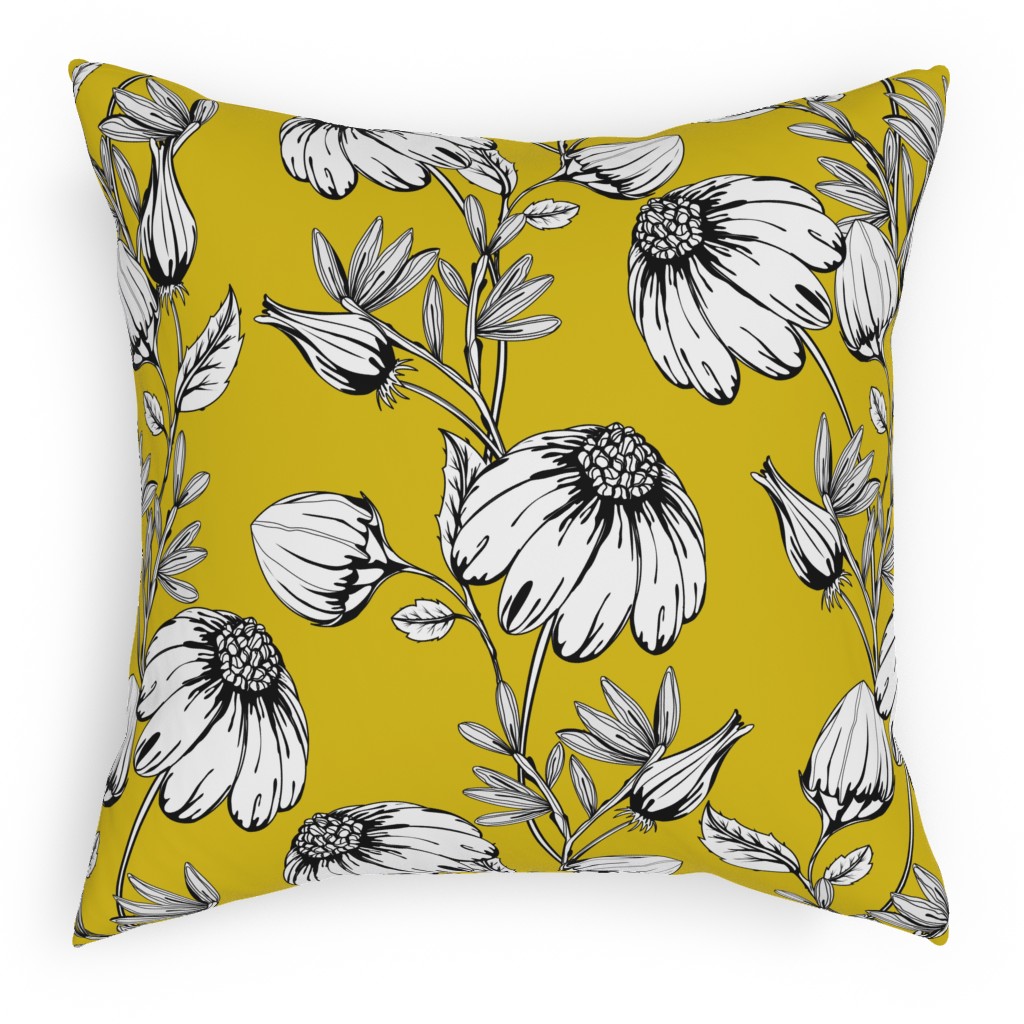 Bloom Floral - Yellow Pillow, Woven, Black, 18x18, Single Sided, Yellow