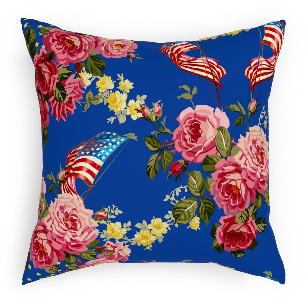 Americana Summer Roses - Blue Pillow, Woven, Black, 18x18, Single Sided, Blue, True Blue