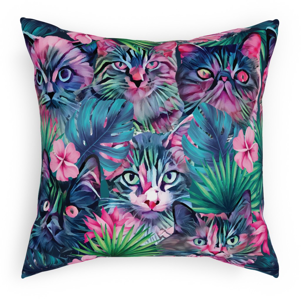 Cats and Summer Floral - Multi Pillow, Woven, Black, 18x18, Single Sided, Multicolor
