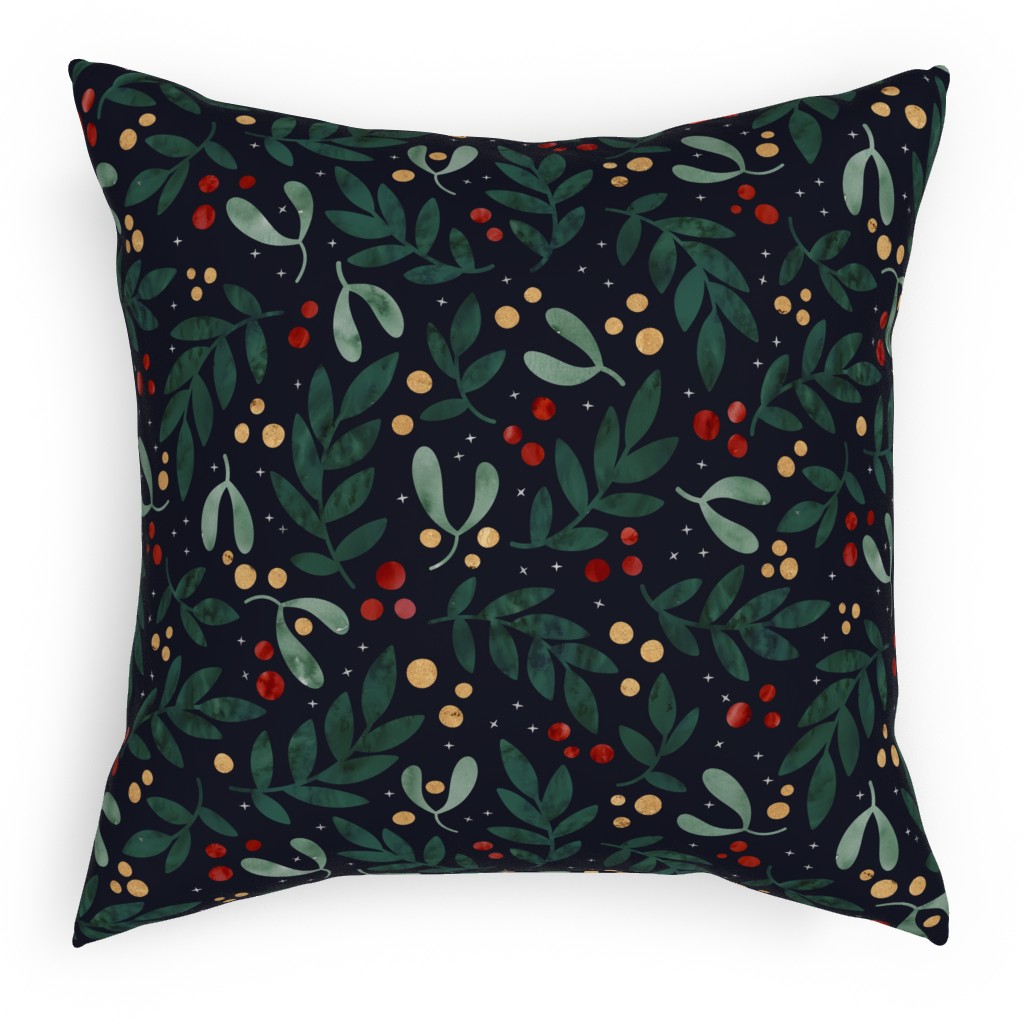 Christmas Berries - Dark Pillow, Woven, Black, 18x18, Single Sided, Green, Classic Green