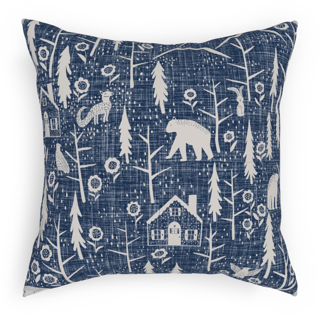 Gingerbread Forest - White on Blue Pillow, Woven, Black, 18x18, Single Sided, Blue, True Blue