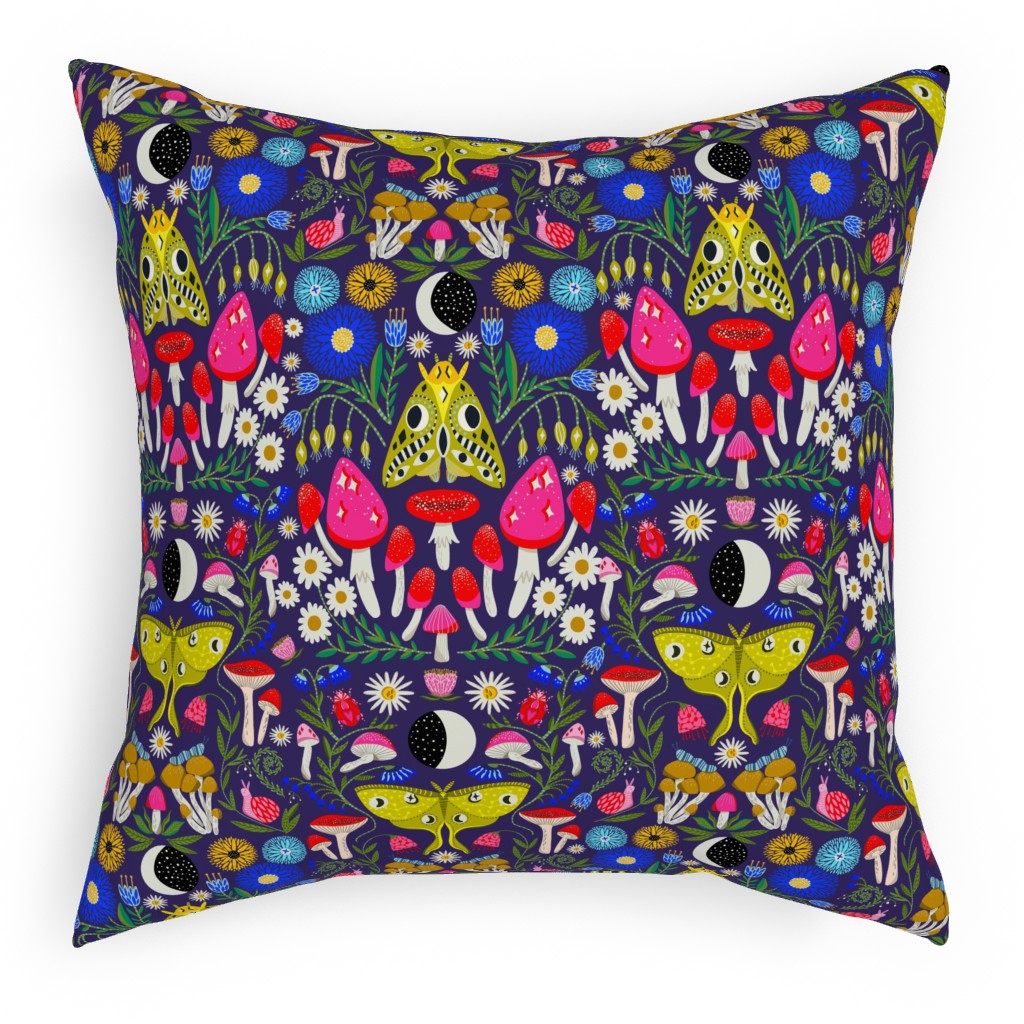 Moth Moon Mushroom - Multicolor Pillow, Woven, Black, 18x18, Single Sided, Multicolor