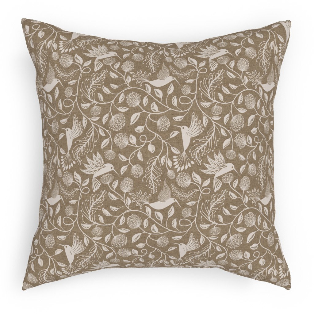 Papercutting Floral and Hummingbirds - Neutral Pillow, Woven, Black, 18x18, Single Sided, Beige