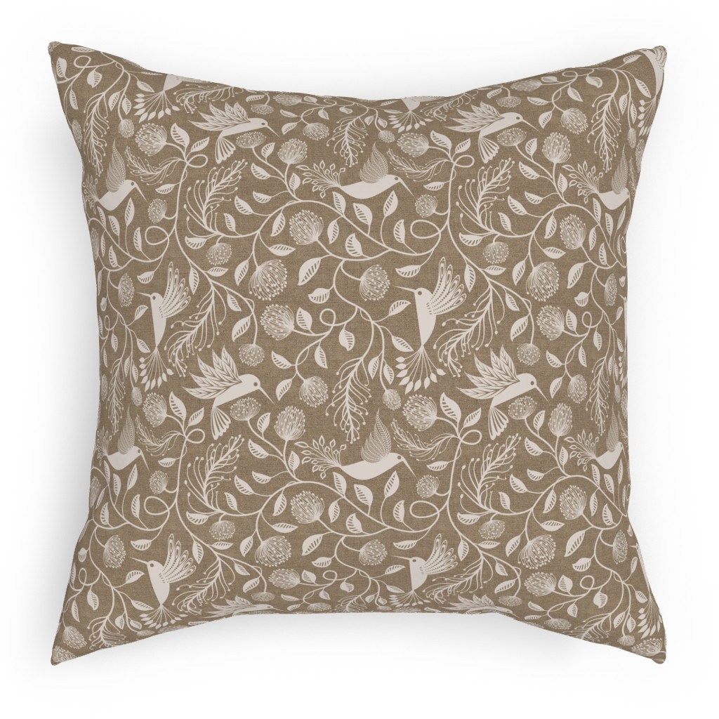 Papercutting Floral and Hummingbirds - Neutral Pillow, Woven, Black, 18x18, Single Sided, Beige, Pearl