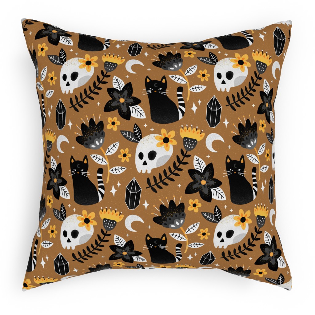 Black Cat & Floral Skull Pillow, Woven, Black, 18x18, Single Sided, Brown