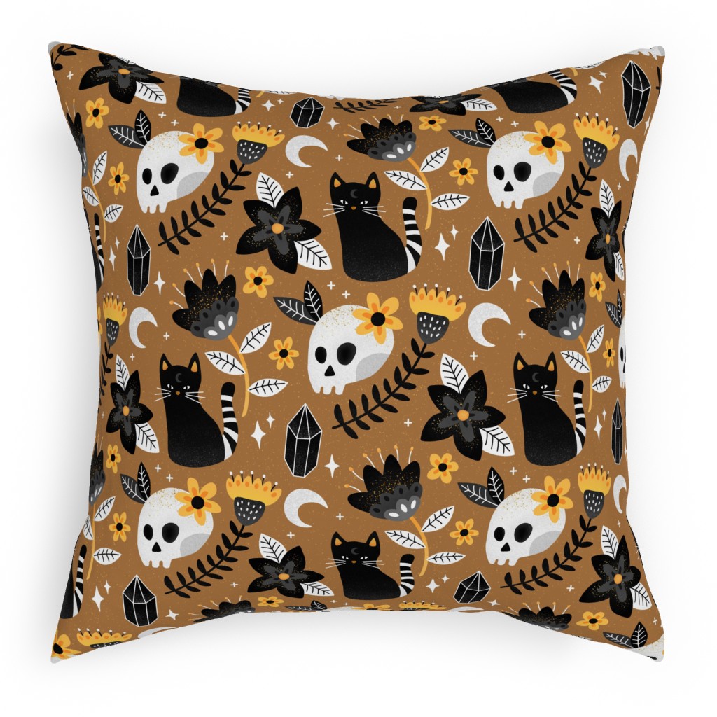 Black Cat & Floral Skull Pillow, Woven, Black, 18x18, Single Sided, Brown, Brown