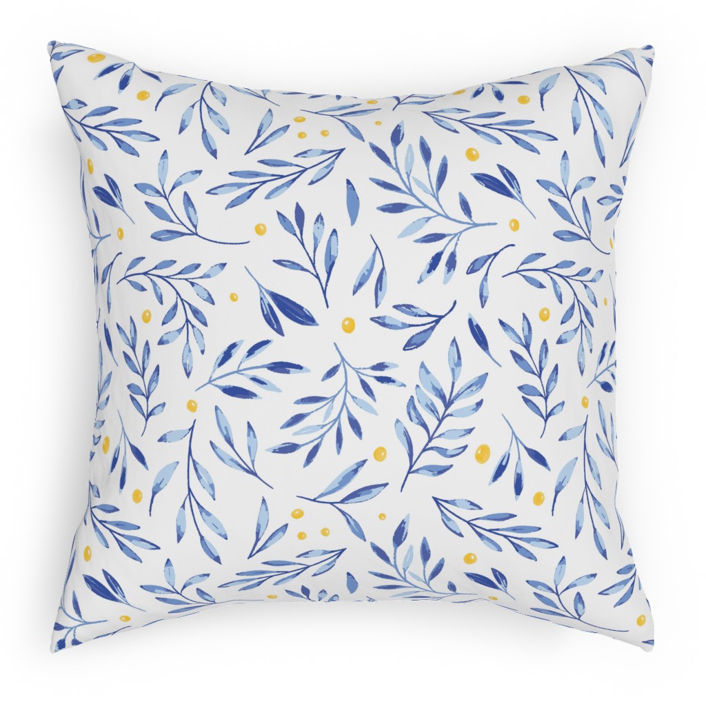 Blue Leaves With Berries Pillow, Woven, Black, 18x18, Single Sided, Blue, True Blue