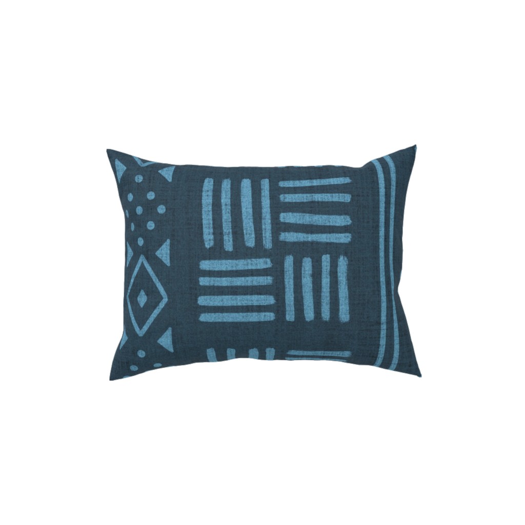 Mudcloth Geometric Motifs Pillow, Woven, Black, 12x16, Single Sided, Blue, Bluebird
